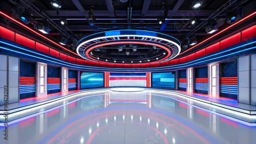 Sleek modern news studio with vibrant LED lights and circular stage, perfect for broadcasts.