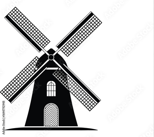 Classic dutch windmill silhouette with detailed blades and arched entrance