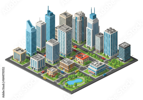 Isometric illustration of a modern city skyline with tall skyscrapers, busy streets, cars, green parks, and river, ideal for urban planning, architecture, and business concepts