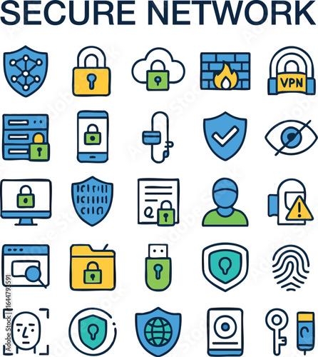A colorful flat icon collection featuring cybersecurity, data protection, and online privacy symbols. Ideal for technology projects, IT security services, and online safety campaigns.