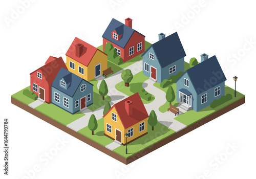 Isometric illustration of a suburban neighborhood with colorful houses, green lawns, trees, fences, and a small river, perfect for real estate, architecture, and community planning concepts