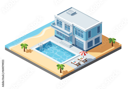 Isometric illustration of a luxury beachfront hotel with swimming pool, palm trees, and ocean view, perfect for tropical vacation, summer holiday, travel, and resort architecture concepts