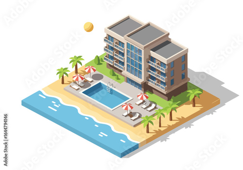 Isometric illustration of a luxury beachfront hotel with swimming pool, palm trees, and ocean view, perfect for tropical vacation, summer holiday, travel, and resort architecture concepts