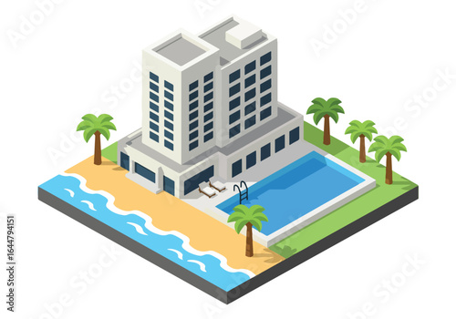Isometric illustration of a luxury beachfront hotel with swimming pool, palm trees, and ocean view, perfect for tropical vacation, summer holiday, travel, and resort architecture concepts