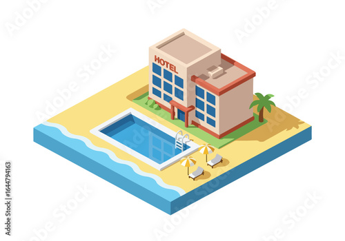 Isometric illustration of a luxury beachfront hotel with swimming pool, palm trees, and ocean view, perfect for tropical vacation, summer holiday, travel, and resort architecture concepts
