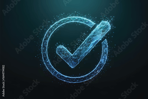 A digital illustration of a checkmark symbol enclosed in a circle, rendered in a futuristic, low-poly wireframe style