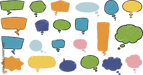 Set of colorful speech and thought bubbles. Crayon speech bubbles doodle set. Children pencil dialog balloon doodle text cloud. Vector, EPS version.