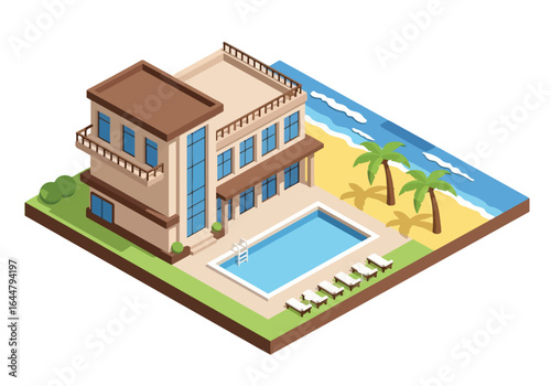 Isometric illustration of a luxury beachfront hotel with swimming pool, palm trees, and ocean view, perfect for tropical vacation, summer holiday, travel, and resort architecture concepts