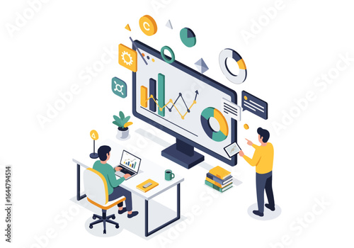 Isometric illustration of data analysis and business analytics with charts, graphs, and magnifying glass, perfect for SEO, market research, statistics, and financial report concepts