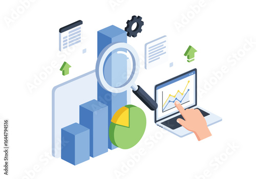 Isometric illustration of data analysis and business analytics with charts, graphs, and magnifying glass, perfect for SEO, market research, statistics, and financial report concepts