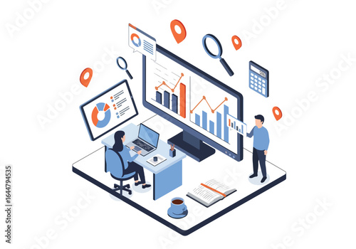 Isometric illustration of data analysis and business analytics with charts, graphs, and magnifying glass, perfect for SEO, market research, statistics, and financial report concepts