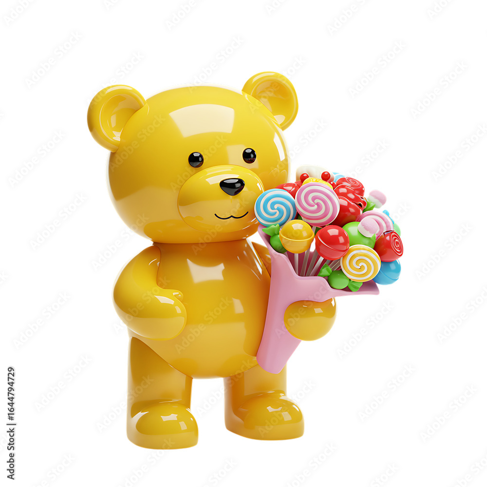 Naklejka premium Cute yellow teddy bear holding a colorful bouquet of flowers isolated on transparent background