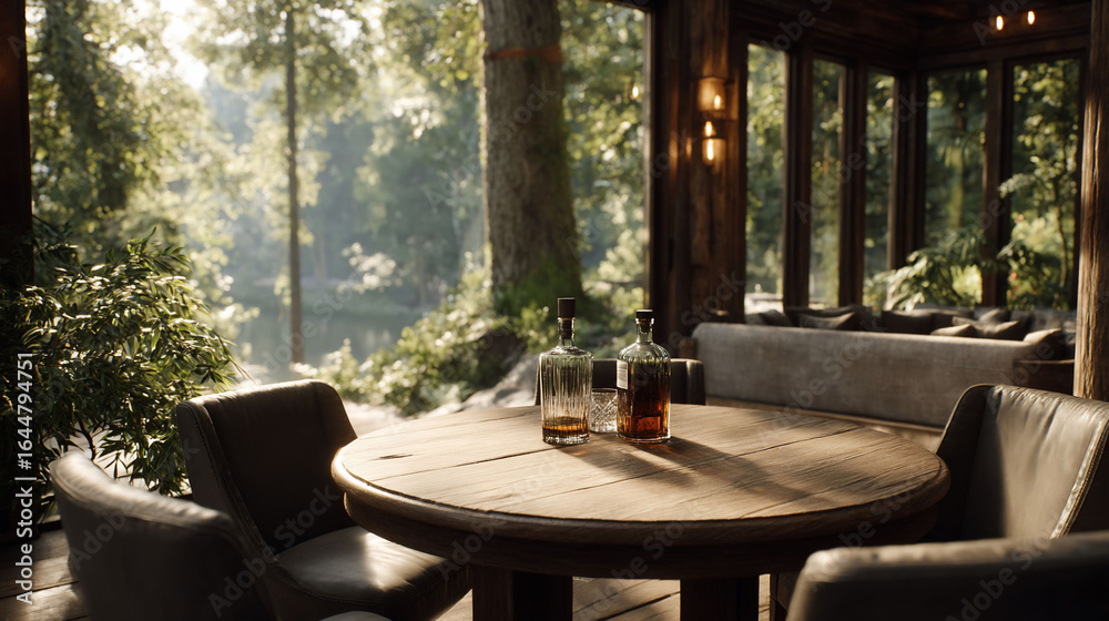 Fototapeta premium Cozy whiskey lounge amidst a sunlit forest