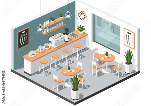 Isometric illustration of a modern coffee shop interior with tables, chairs, counter, coffee machines, display case of pastries, and minimal decor, perfect for cafe design and branding concepts