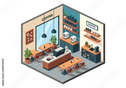 Isometric illustration of a modern coffee shop interior with tables, chairs, counter, coffee machines, display case of pastries, and minimal decor, perfect for cafe design and branding concepts