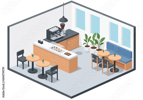 Isometric illustration of a modern coffee shop interior with tables, chairs, counter, coffee machines, display case of pastries, and minimal decor, perfect for cafe design and branding concepts