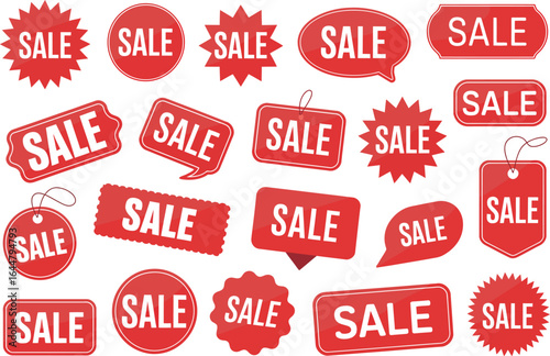 Collection of various red sale tags and stickers for retail promotions