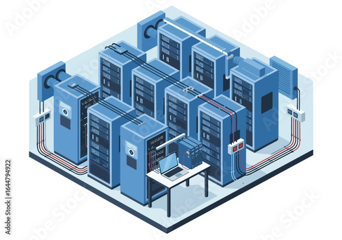 Isometric illustration of a modern data center with multiple server racks, network cabling, and a workstation for monitoring, representing cloud computing, hosting, and IT infrastructure