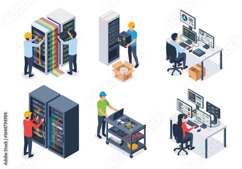Isometric illustration of IT professionals managing data center servers, performing network maintenance, and monitoring systems for efficient infrastructure and cybersecurity operations