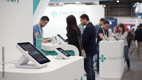 Exhibition Booth Scene: People explore the information and technology presented at a modern exhibition booth, which is captured in a clear and candid style.