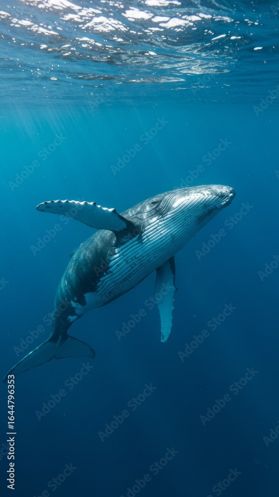 Fototapeta premium Humpback whale swimming underwater, vertical image