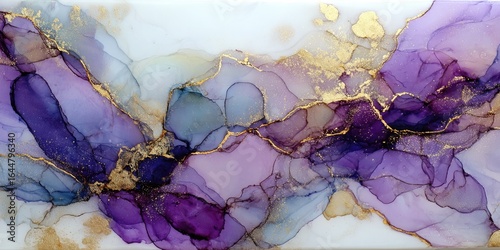 Abstract artwork featuring swirling, flowing hues of purple, lavender, and light blue, interspersed with gold flecks