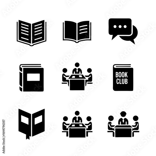 Book club and reading group icons with open books, discussion scenes, and literature exchange for education and libraries.