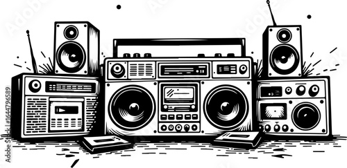 "Retro Boombox and Vintage Audio Equipment Line Art" vector