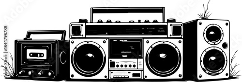 "Retro Boombox and Vintage Audio Equipment Line Art" vector
