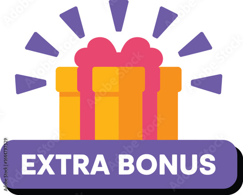 Brightly colored gift box with extra bonus text and bursting rays