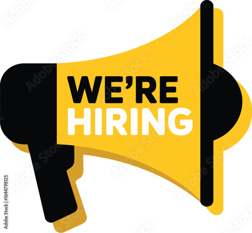 Megaphone announcing we are hiring with bold text and bright colors