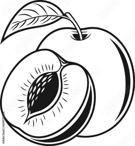 Clean black silhouette of a nectarine on white background