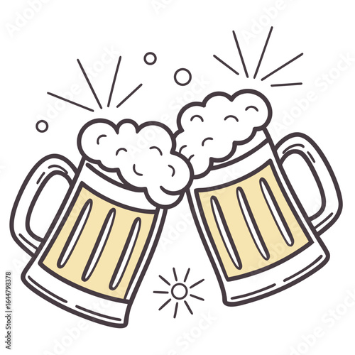 Two beer mugs clinking together with foam and bubbles