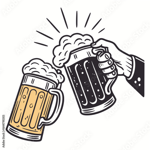 Two mugs of beer clinking together with foam