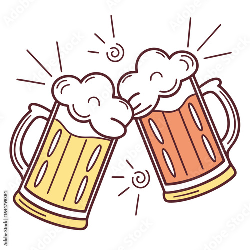 Two mugs of beer clinking together with foam and sparkles