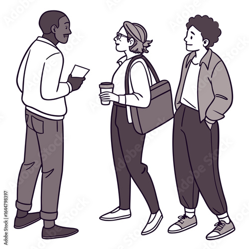 Diverse group of people conversing and holding coffee and papers