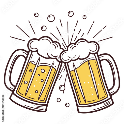 Two mugs of beer clinking together with foam and bubbles
