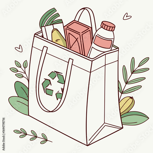 Reusable shopping bag filled with groceries and decorated with leaves