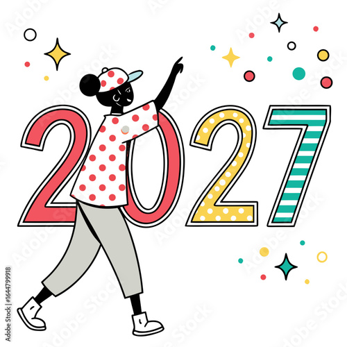 Person celebrating the arrival of the year 2027 with festive decorations