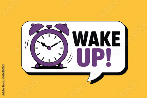Retro alarm clock ringing loudly with wake up text in speech bubble