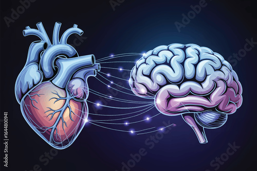 A digital illustration of a human heart and brain rendered in a glowing blue wireframe style against a blue background