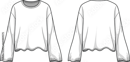 Cropped loose fit long sleeve sweater fashion sketch, stylish women’s knitwear illustration, casual modern top design, cozy winter apparel clothing drawing