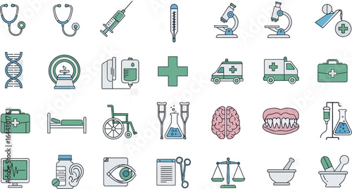 Comprehensive medical icons set showcasing healthcare essentials like stethoscopes, DNA, MRI, ambulance, and dental care for innovative health concepts and digital applications
