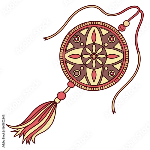 A decorative rakhi bracelet with a circular centerpiece featuring a floral design and a tassel symbolizing brother sister bond and indian culture