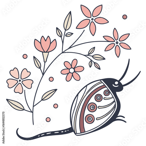 Charming stylized illustration of a whimsical beetle interacting with delicate pink and cream colored flowers and leaves set against a clean white background