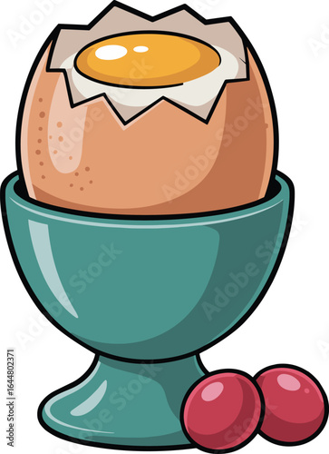 A perfectly cooked soft boiled egg in a teal egg cup with cherry tomatoes silhouette