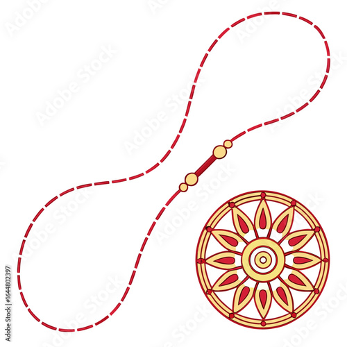 A traditional indian rakhi bracelet with a decorative dharma chakra symbol in red and gold on a white background