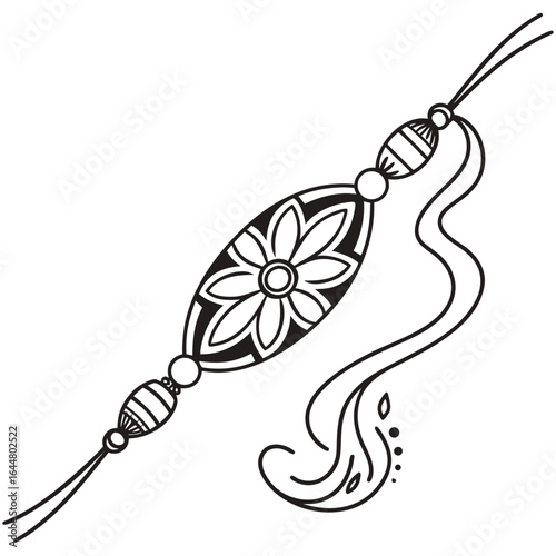 A decorative black and white line art illustration of a rakhi bracelet featuring a central floral motif and beaded embellishments on a white background