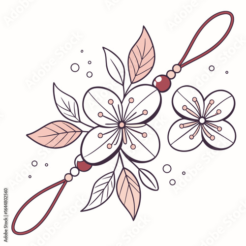 Delicate hand drawn illustration of cherry blossoms with leaves and a decorative loop on a white background