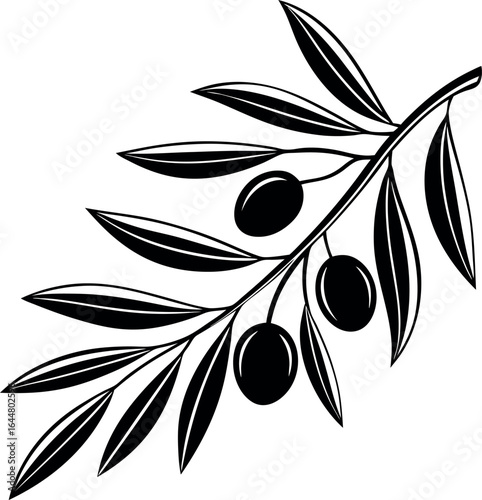 Clean black silhouette of an olive branch with fruits